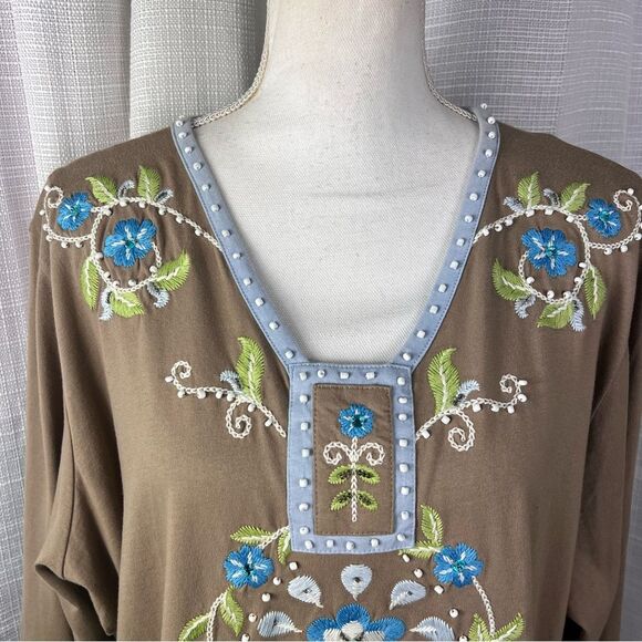 NWT Storybook Knits Embroidered Beaded Cotton V Neck Pullover Tunic 3X Boho - Picture 3 of 13